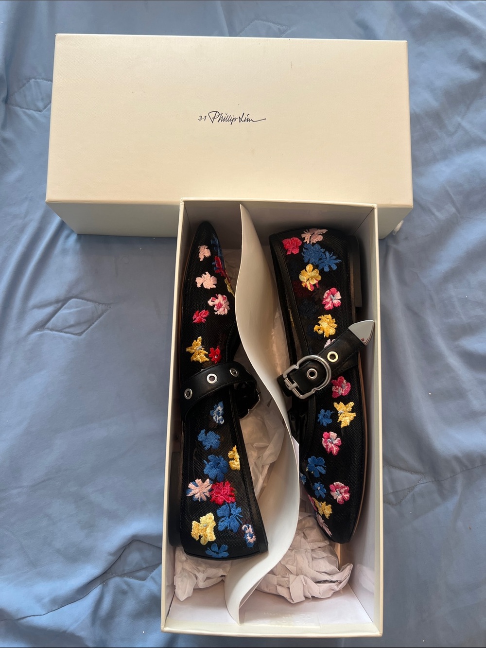 3.1 Phillip Lim SS24 Floral Embroidered Mesh Mary Jane Flats - Picture 3 of 6